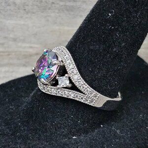 Lab Created New Round Faceted Mystic Topaz CZ Halo Silver Tone Accent Ring